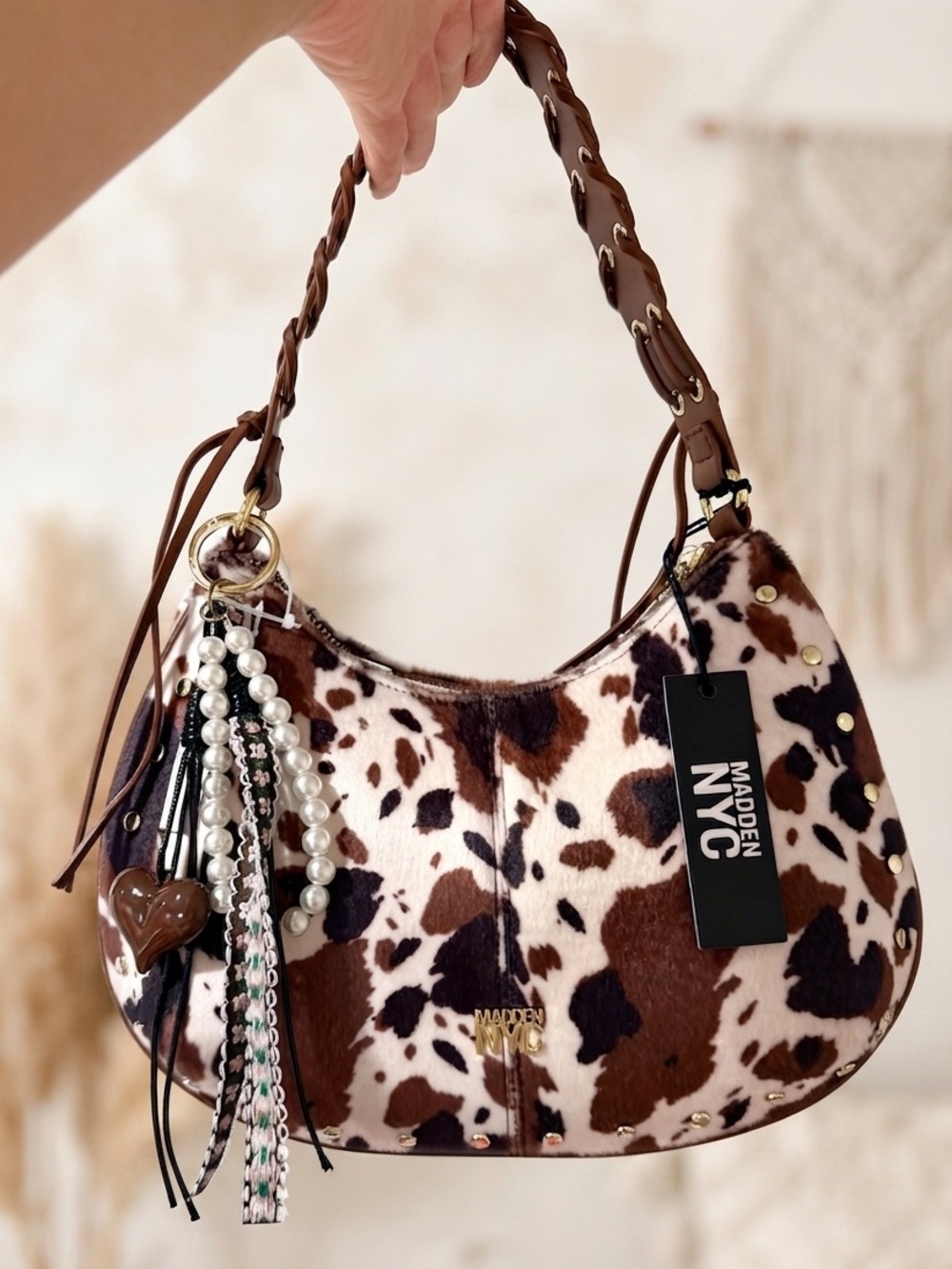 Madden NYC Women’s Half Moon Stud Shoulder Bag W/ Charms & Braided Strap NWT